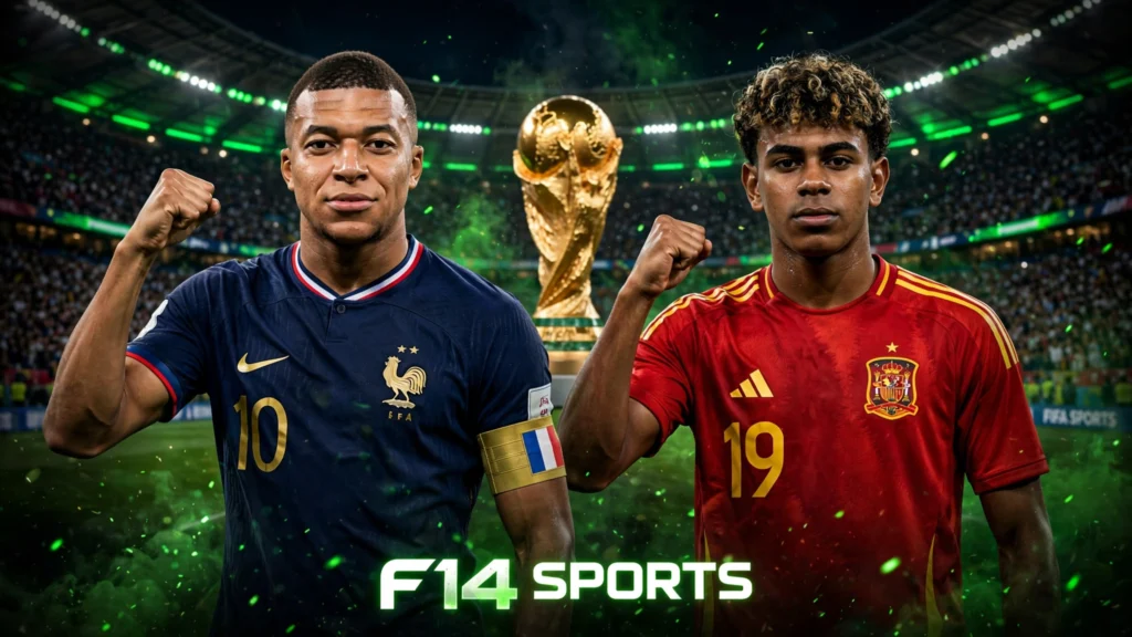 Mbappé e Lamine Yamal em montagem para o duelo entre França x Espanha pela semifinal da Copa do Mundo de 2026.