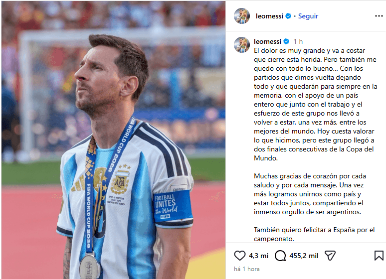 Lionel Messi quebrou o silêncio após o vice-campeonato da Argentina diante da Espanha na Copa do Mundo 2026. Leia a mensagem do craque, a repercussão e o futuro na seleção.
