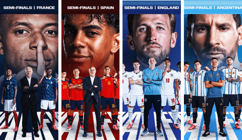 Pela primeira vez em 36 anos, as semifinais da Copa do Mundo serão disputadas exclusivamente por seleções que já ergueram a taça. França, Espanha, Argentina e Inglaterra somam sete títulos mundiais combinados e vão brigar por apenas duas vagas na grande decisão desta terça (14) e quarta-feira (15), em Dallas e Atlanta
