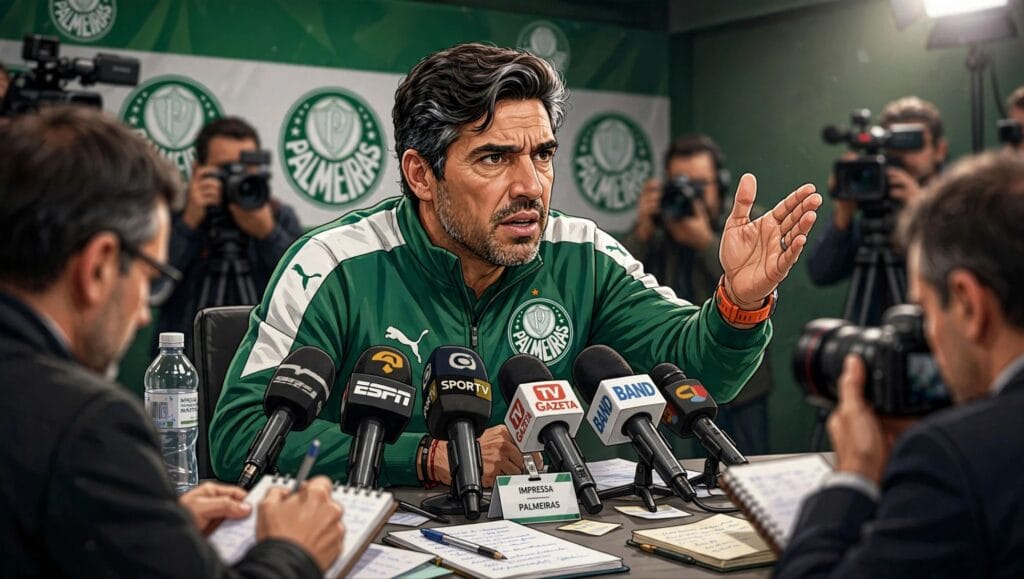 Palmeiras pressionado após Abel discutir com jornalistas na coletiva e o Flamengo golear o Mirassol por 5 a 1. Voz Palestrina analisa a repercussão.